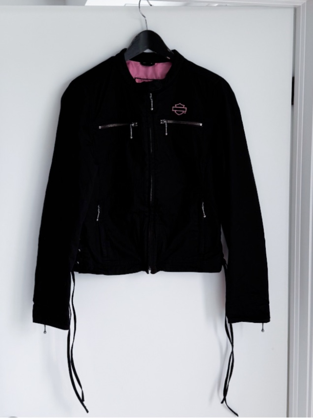 Harley-Davidson Black Cotton Side Lace Up Moto Jacket Pink Script Logo S - Picture 2 of 16